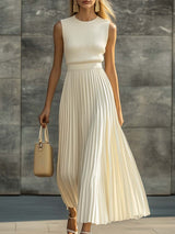 Elfriede | Maxi Kleid Plissiert Strick Chiffon Rundhalsausschnitt – Creme