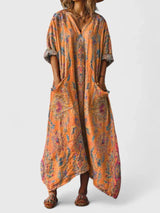 Charlotte | Maxikleid Boho Print Baumwolle Taschen V-Ausschnitt – Orange
