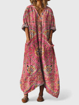 Charlotte | Maxikleid Boho Print Baumwolle Taschen V-Ausschnitt – Dunkelrosa
