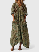 Charlotte | Maxikleid Boho Print Baumwolle Taschen V-Ausschnitt – Olivgrün