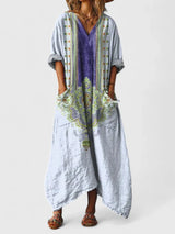 Charlotte | Maxikleid Boho Print Baumwolle Taschen V-Ausschnitt – Hellblau