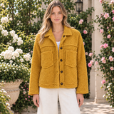 Meike | Damen Teddy Winterjacke mit Kragen, Knöpfen und Taschen – Gelb