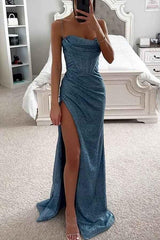 melina – glitzerndes abendkleid mit corsage & beinschlitz – Blau
