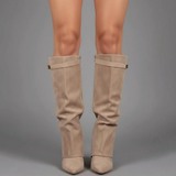 Melinda | Damen Overknee Stiefel Mit Schnalle Und Spitze – Beiges