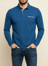 Richard | Herren Karo-Besatz Taschen Langarm Polohemd – Blau