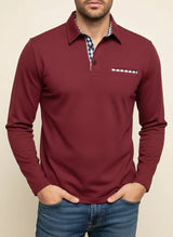 Richard | Herren Karo-Besatz Taschen Langarm Polohemd – Burgunder
