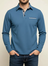 Richard | Herren Karo-Besatz Taschen Langarm Polohemd – Hellblau