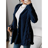 Milana | Damen Strickjacke mit Kapuze, Knöpfen und langem Schnitt – Marineblau