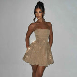 Mira – Glitzerndes, schulterfreies Tüll-Minikleid mit Schleifendetail – Gold
