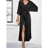 Mirella | Damen Maxikleid mit V Ausschnitt und Gürtel – Schwarz