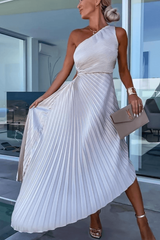Mirka | Damen One-Shoulder Plisseekleid Midi – Weiß