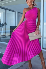 Mirka | Damen One-Shoulder Plisseekleid Midi – Rosa