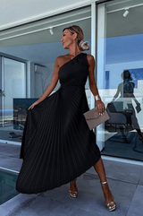Mirka | Damen One-Shoulder Plisseekleid Midi – Schwarz