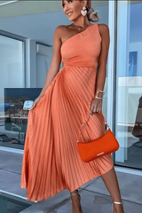 Mirka | Damen One-Shoulder Plisseekleid Midi – Orange