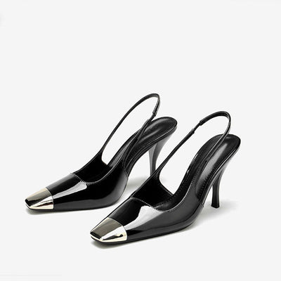 Lola - Moderne Metall Quadratische Zehe Lack Slingback High Heel Pumps