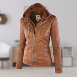 Nadine | Damen Kunstleder Bikerjacke mit Kapuze – Khaki