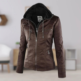 Nadine | Damen Kunstleder Bikerjacke mit Kapuze – Braun