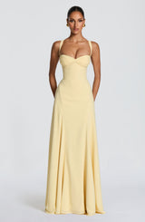 Nadine | Damen Maxikleid Herzausschnitt A-Linie Abendkleid – Hellgelb