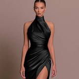 Nadine | Damen Neckholder Abendkleid mit Schlitz – Schwarz