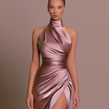 Nadine | Damen Neckholder Abendkleid mit Schlitz – Rosa