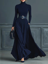 Naleska | Damen Strickkleid Rollkragen Maxikleid – Blau