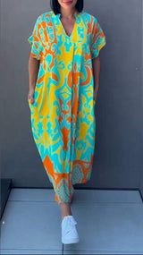 Nia | Damen Blumen Midikleid V-Ausschnitt – Geblümtes Sommerkleid Urlaub 2026 – Gelb
