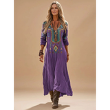 Odessa | Damen Lila Boho Maxikleid mit Langarm, V Ausschnitt und Vintage Muster – Lila