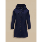 Odette | Damen Wasserdichte Regenjacke mit Kapuze, Langarm und Knöpfen – Marineblau