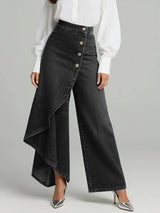 Damen Hochtaillierte Weite Jeans – Lässige Bequeme Denim Hose – Schwarz
