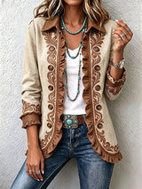 Damen Langarm-Rüschenjacke mit Knöpfen – Beige & Braun