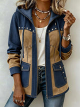 Amara - Strukturierte Kapuzenjacke – Marineblau / Beige