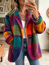Damen Mantel mit Taschen und Knöpfen, Karomuster, Langarm – Regenbogen