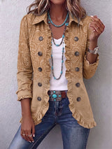 Damen Langarm-Rüschenjacke mit Knöpfen – Khaki