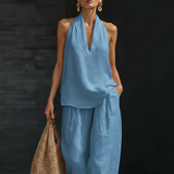 Zweiteiliges Leinen-Set für Damen – Blau