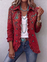 Faelisse - Handgefertigte Rüschenjacke mit Paisley-Muster – Rot