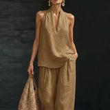 Zweiteiliges Leinen-Set für Damen – Khaki