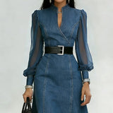 Damen-Jeanskleid mit Organza-Ärmeln – Blau