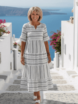 Parisa | Damen Gestreiftes Stufenkleid – Tiered Sommerkleid Streifen Kurzarm 2026 – Weiß
