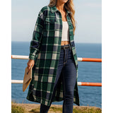 Damen Longline-Mantel mit Karomuster, Knöpfen und Taschen – Grun