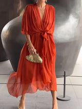Damen Chiffon Wickelkleid Für Partys – Orange