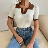 Amelie | Polo Shirt Damen Gerippt Tailliert Kurze Ärmel – Aprikose