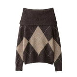 Strickpullover Damen Off Shoulder mit Argyle-Muster – Braun