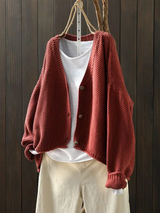 Ragneid | Damen Strickjacke Oversize V-Ausschnitt – Rostrot