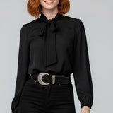 Renata | Damen Schluppenbluse Langarm mit Schleife – Schwarz