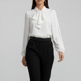 Renata | Damen Schluppenbluse Langarm mit Schleife – Weiß