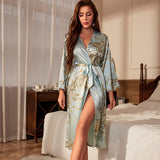 Renée | Damen Morgenmantel Kimono Langarm Blumenprint – Hellgrün