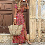 Boho-Maxikleid für Damen mit Gürtel – Pink