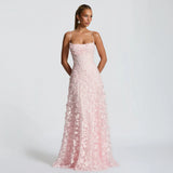 Maxikleid für Damen mit Blumenmuster und Spaghettiträgern – Rosa
