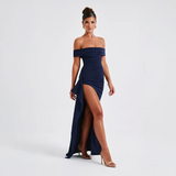 Maxikleid für Damen mit schulterfreiem Ausschnitt und Seitenschlitz – Blau