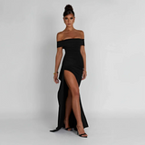 Maxikleid für Damen mit schulterfreiem Ausschnitt und Seitenschlitz – Schwarz